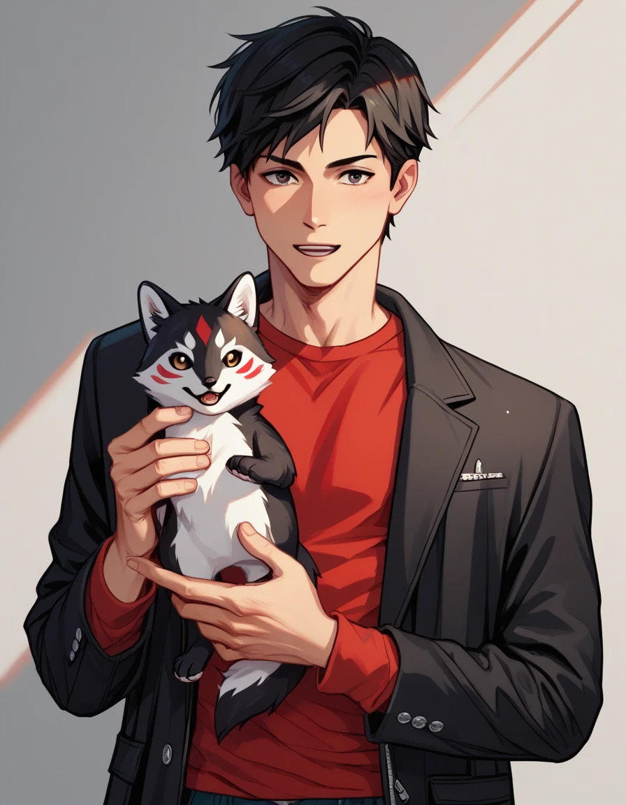 Human Male , Black hair Style , Red shirt , Black Coat ,  holding kitsune mask ,2d Style 