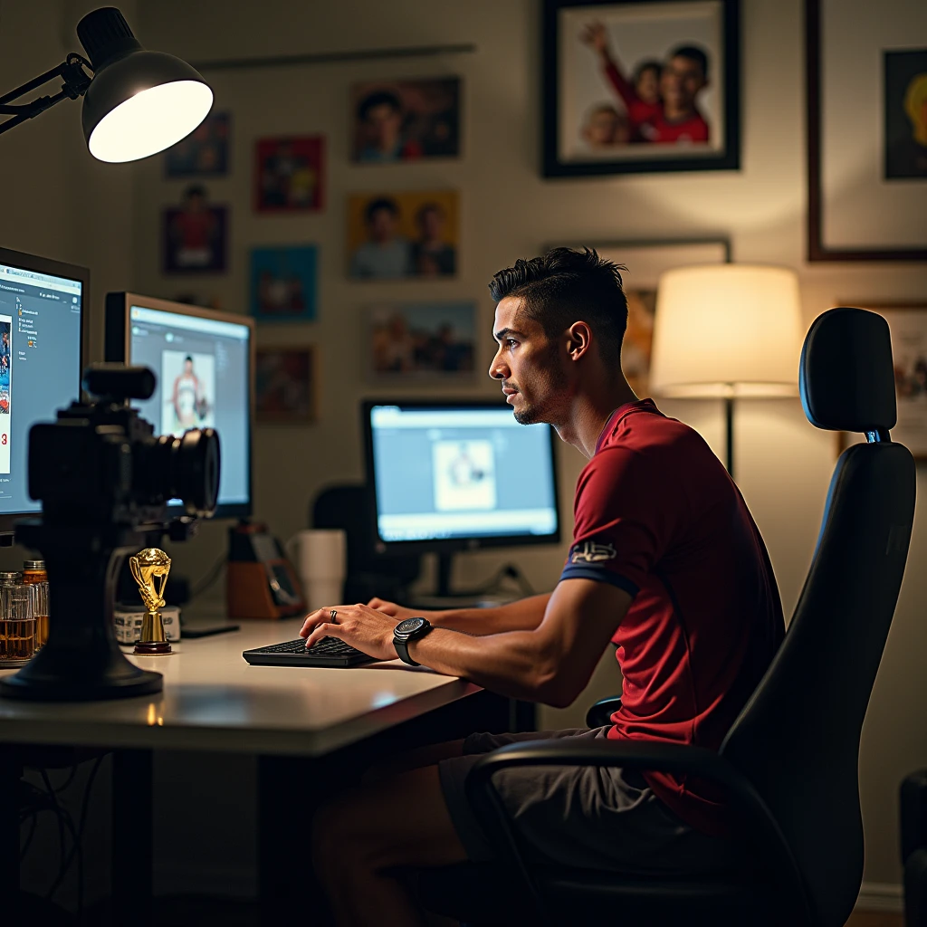 Cristiano Ronaldo sitting in a stylish modern room, surrounded by high-tech video equipment, looking focused as he uploads his first YouTube video. The background shows football memorabilia and family photos in dall e-3 style 
