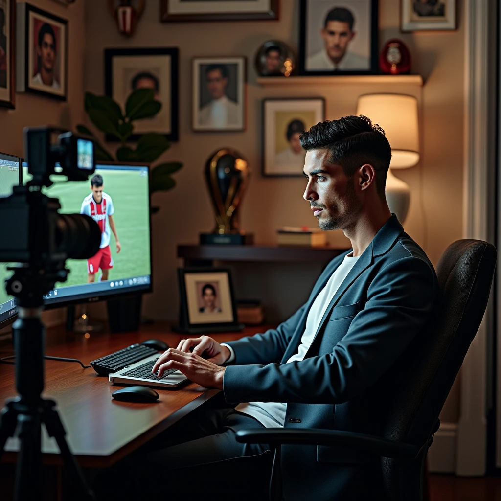 Cristiano Ronaldo sitting in a stylish modern room, surrounded by high-tech video equipment, looking focused as he uploads his first YouTube video. The background shows football memorabilia and family photos in dall e-3 style 