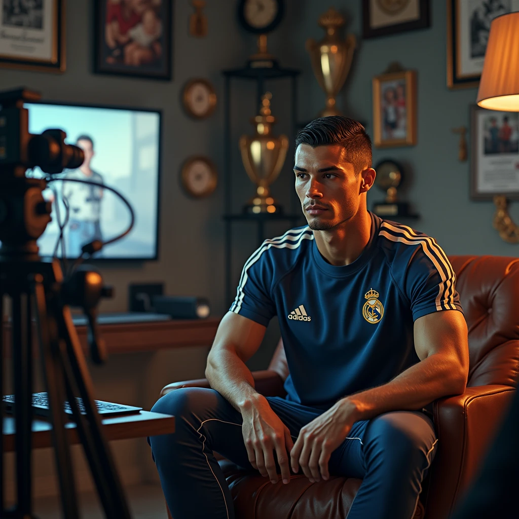 Cristiano Ronaldo sitting in a stylish modern room, surrounded by high-tech video equipment, looking focused as he uploads his first YouTube video. The background shows football memorabilia and family photos in dall e-3 style 
