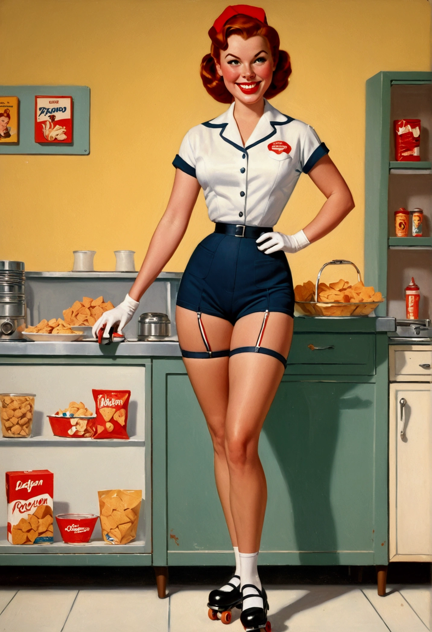 1950s waitress, redhead, groomer, tight waist, wide hips, thick thighs, big butt, shorts, roller skates, tray of snacks, smiling, Gil Elvgren style.