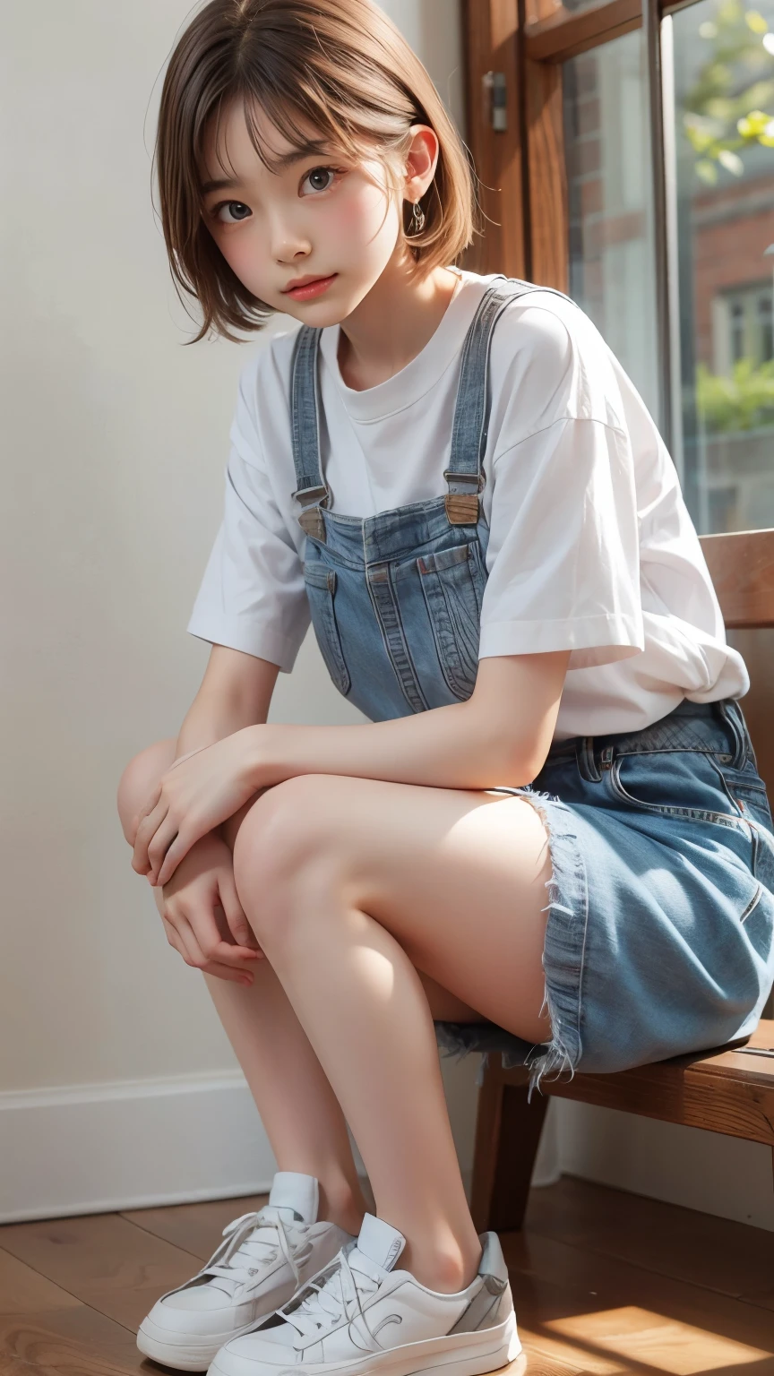 ((Are standing)) , (Hands on knees) , Leaning forward , masterpiece , Highest quality , Very detailed , (15-year-old female)、Blonde、Short Hair、Earrings