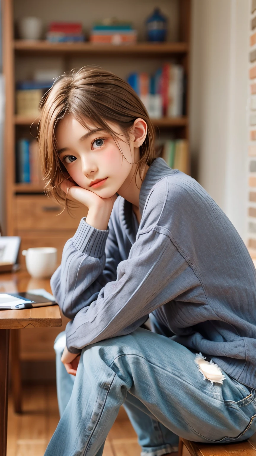 ((Are standing)) , (Hands on knees) , Leaning forward , masterpiece , Highest quality , Very detailed , (15-year-old female)、Blonde、Short Hair、Earrings
