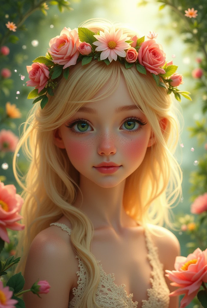 Blonde hair, green eyes, ager, cute, flower, flower crown, lace dress, surrounded by flowers, sparkles in the background