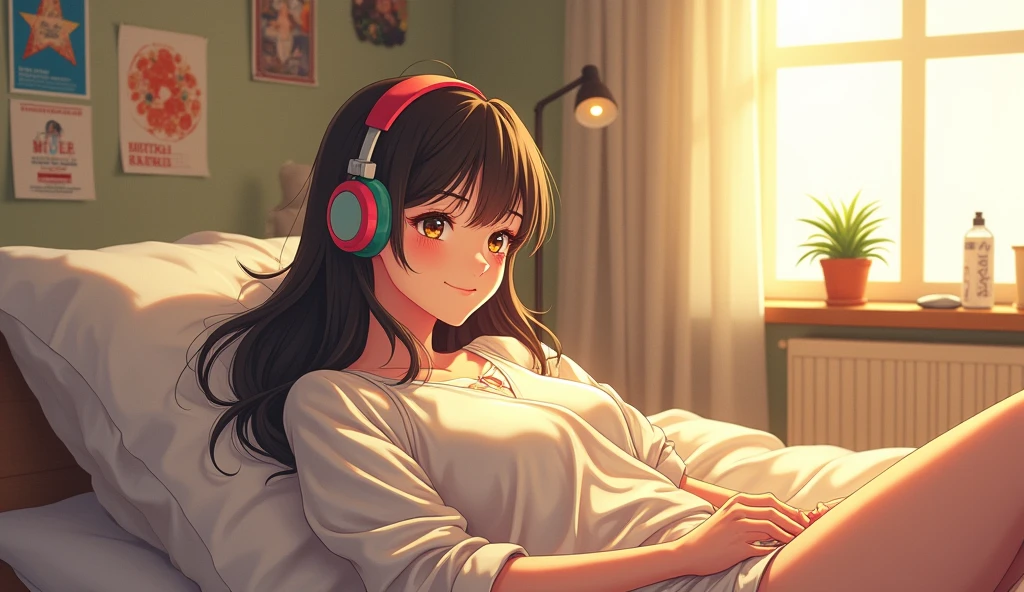 morning、Listen to music in the room、high school girl、Big Breasts、 relax、Showhair、Use headphones, Bright environment、2D-style animation, Lo-Fi、Retro、Anime style illustrations、Line art with clear outlines