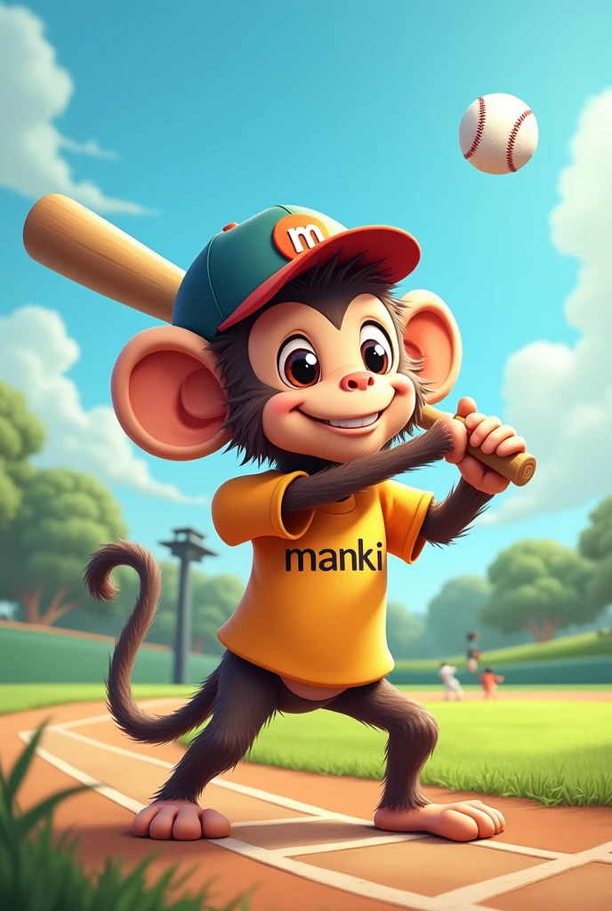 Monkey in a T-shirt with the inscription Manki, which hits the ball