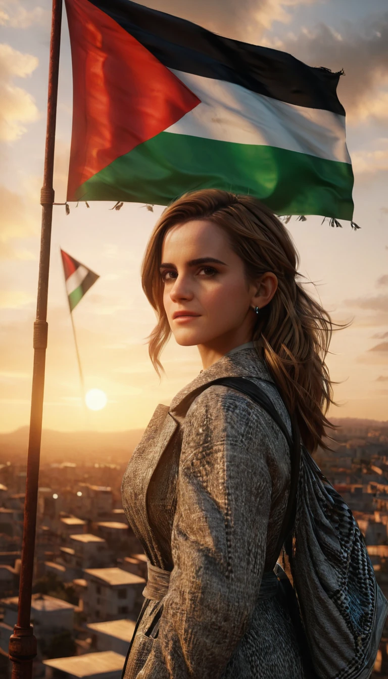 (Emma Watson) long hair, realistic,highres,reality,creative,huge filesize, Palestine flag flying in the wind with a sunset in the background unreal engine, octane render, trending on artstation, incredible detail