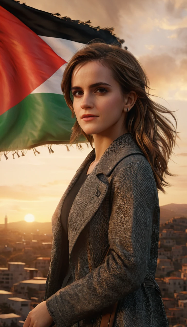 (Emma Watson) long hair, realistic,highres,reality,creative,huge filesize, Palestine flag flying in the wind with a sunset in the background unreal engine, octane render, trending on artstation, incredible detail