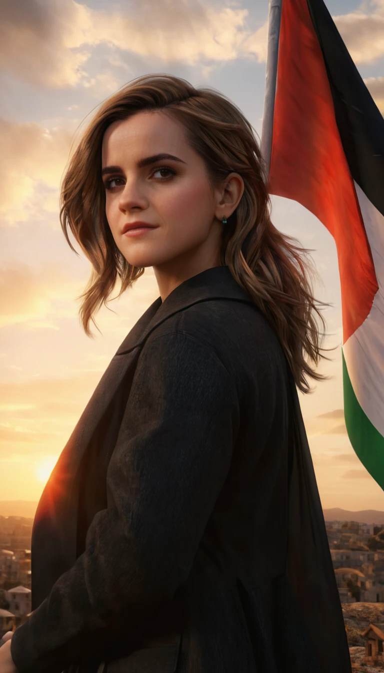 (Emma Watson) long hair, realistic,highres,reality,creative,huge filesize, Palestine flag flying in the wind with a sunset in the background unreal engine, octane render, trending on artstation, incredible detail