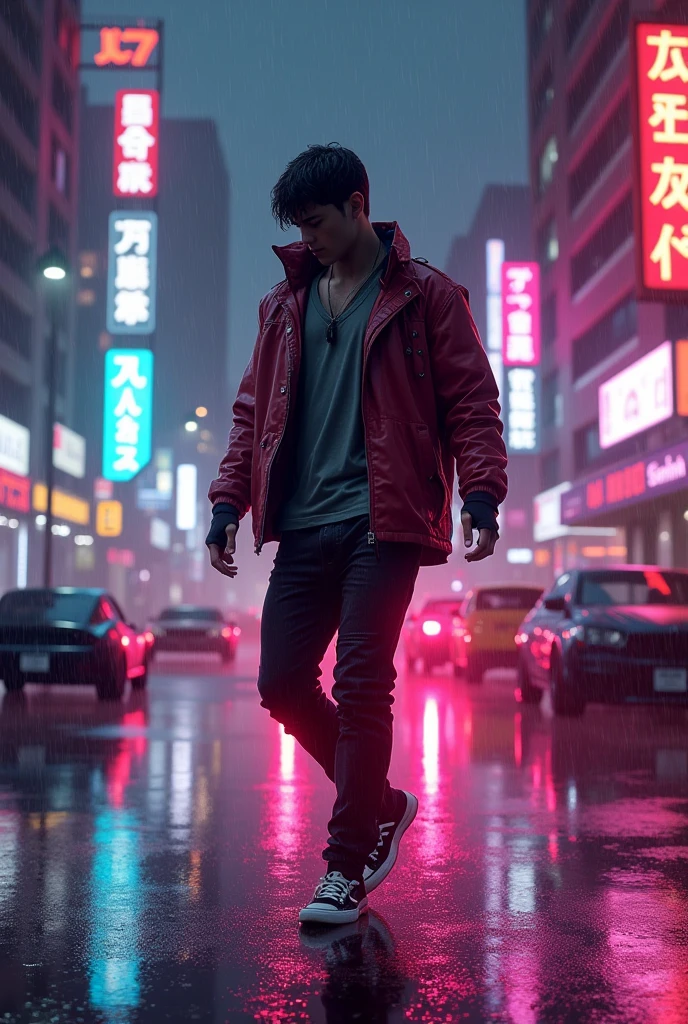 anime:1.5, (masterpiece, Best Quality, High resolution, Fondo de pantalla de unidad de 32K, Extremely detailed CG:1), (weak illustration on stage:1.0), ((1 young and handsome cyberpunk:1.5 dancing in the rain:1.7 )),(( cyberpunk night city:1.4)), neon signs futuristic cars,dark place rain, ((wet clothes magenta neon lights perfectly illuminating the young man:1.45) . 32K