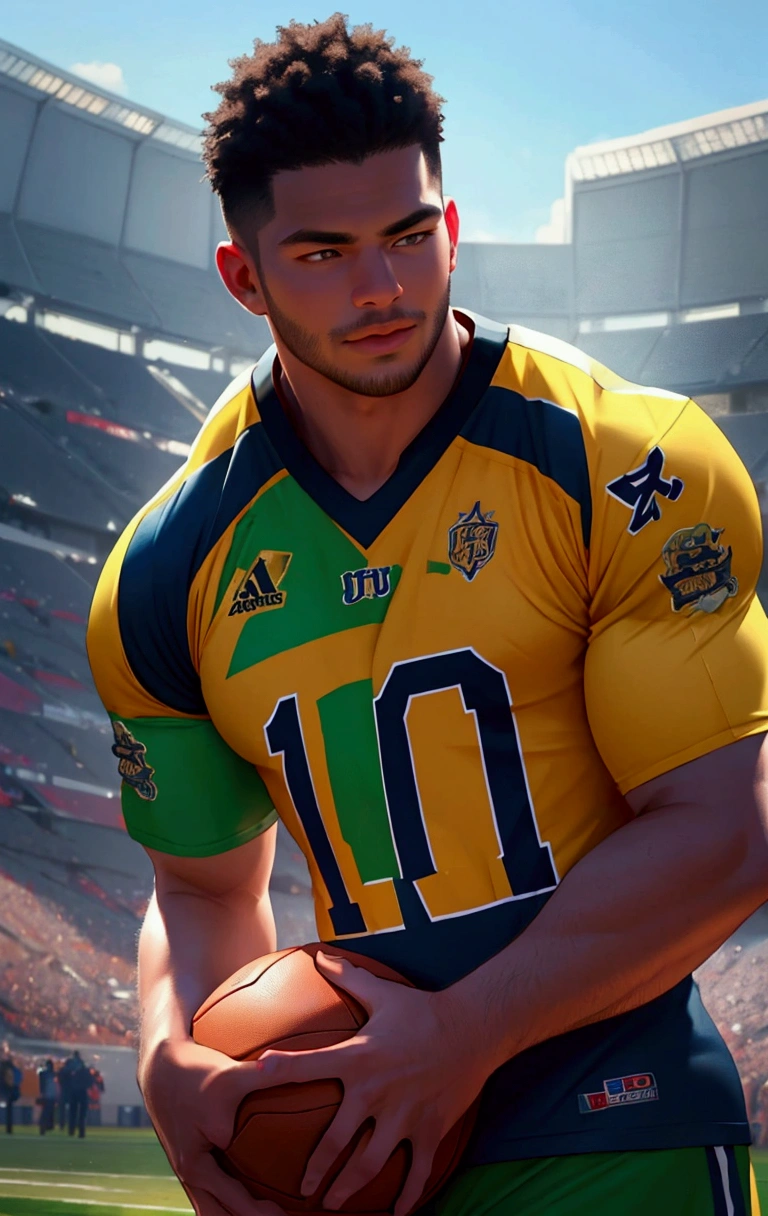 add football in his hand which is white with black sport on it , change dress into football jressey , make hair more like asian