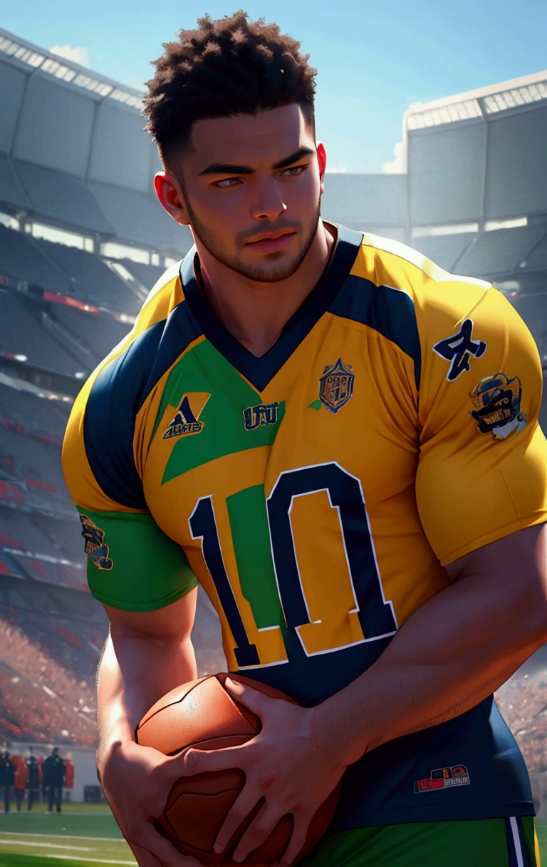 add football in his hand which is white with black sport on it , change dress into football jressey , make hair more like asian