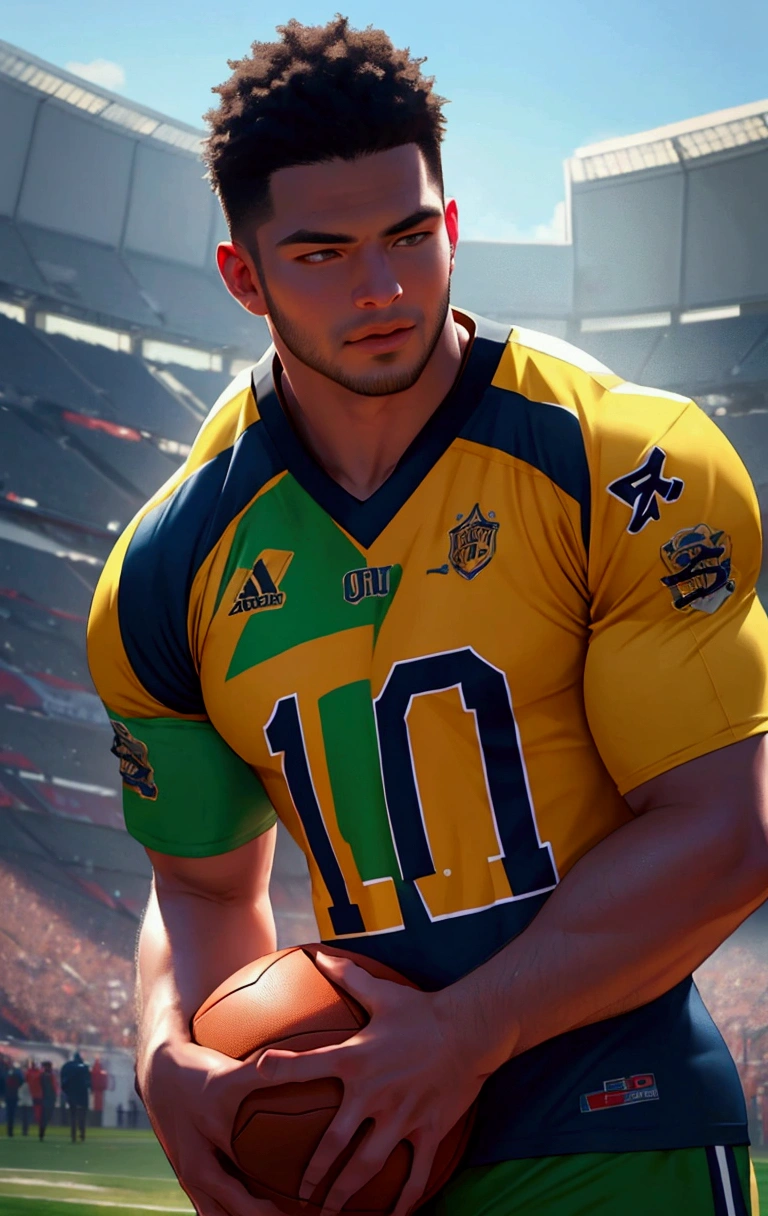 add football in his hand which is white with black sport on it , change dress into football jressey , make hair more like asian