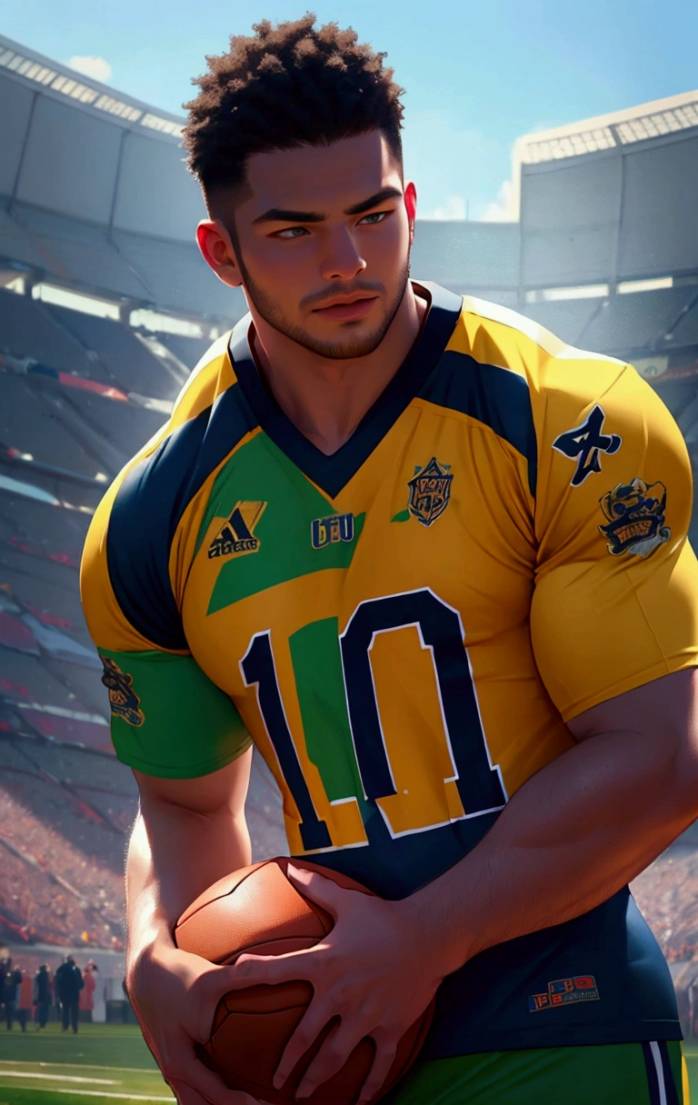 add football in his hand which is white with black sport on it , change dress into football jressey , make hair more like asian 