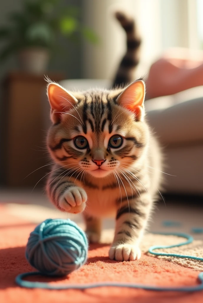 the cat plays with a ball of wool