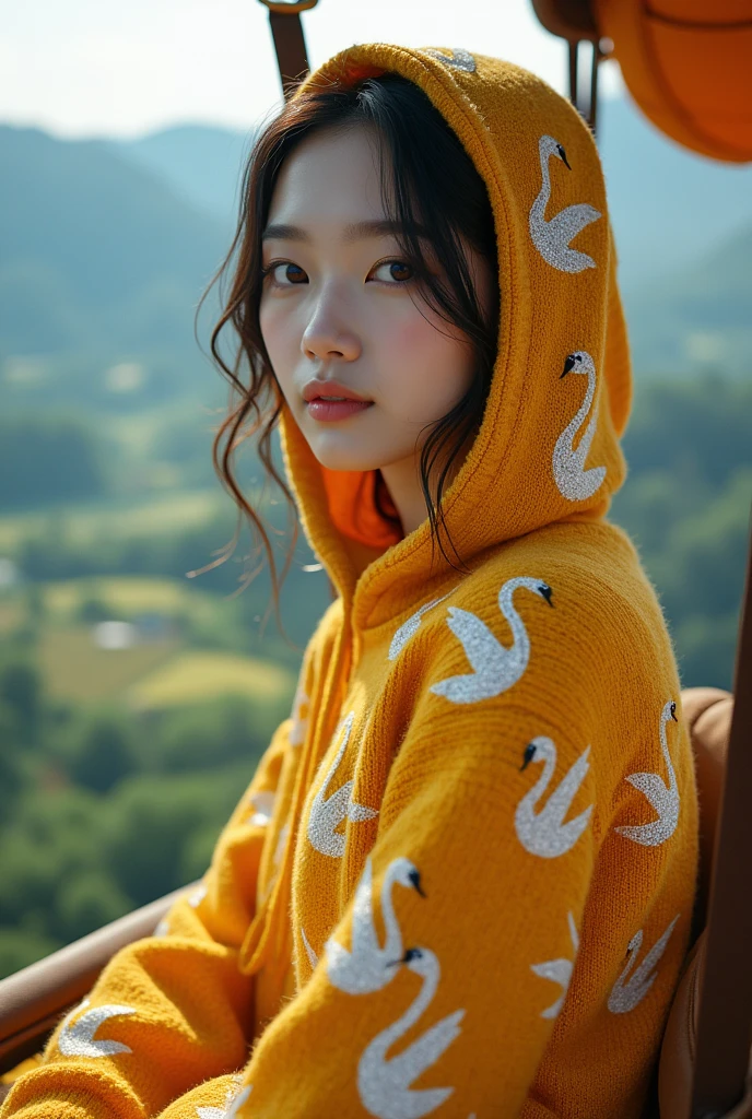 Beautiful young Korean woman with clean white skin,baju hoodie rajut emas,dihiasi motif polkadot angsa,brown slacks,sitting in a hot air balloon,with a mountain background above the hot air balloon,Above the hot air balloon, you can see from below there are houses, rice fields, trees, waterfalls and rainbows.,Original photo,ultra realistic