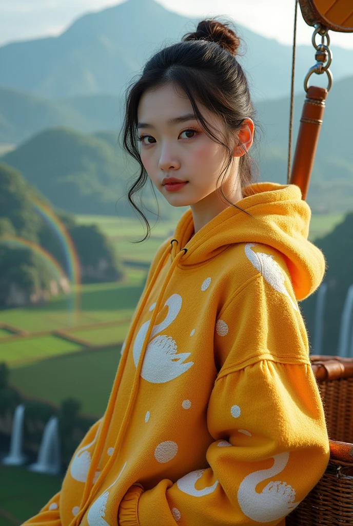 Beautiful young Korean woman with clean white skin,baju hoodie rajut emas,dihiasi motif polkadot angsa,brown slacks,sitting in a hot air balloon,with a mountain background above the hot air balloon,Above the hot air balloon, you can see from below there are houses, rice fields, trees, waterfalls and rainbows.,Original photo,ultra realistic