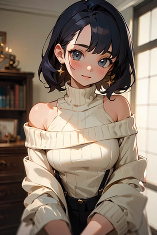 ((best quality)), ((masterpiece)), (detailed), 1girl, off-shoulder sweater,