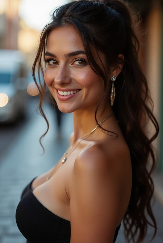 ( 36DD turkish women, curvy body , brown eyes, brown hair, beauty pale skin: 1.3), masterpiece, light makeup, messy long hair, street background, beautiful, elegant. super fine details, master works, real skin texture, cinematic lighting realism, perfect job, 16K, hd, exquisite features, Beautiful Face、cute smile、brown hair、beautiful hair、ponytail、glamorous、 big breasts、erect nipples、shiny skin、pale skin、Black glowing skin、Sexy knitted sweaters, bright big eyes, smooth skin, earrings, necklace