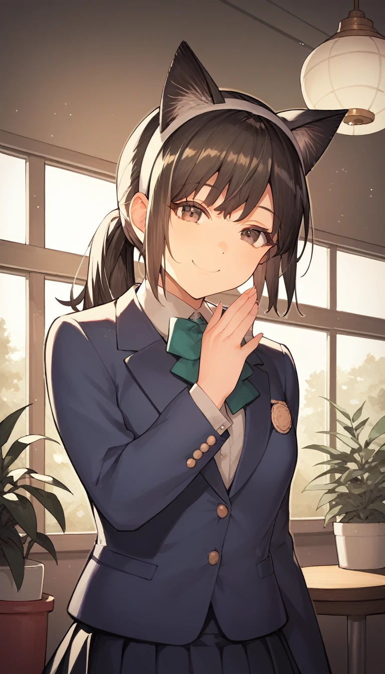 masterpiece, best quality, absurdres, score_9, score_8_up, score_7_up, source_anime, 1girl, dark brown eyes, room, wariza, medium hair, ponytail, black hair, happy face, portrait, blazer, starshadowmagician, solo, 18-year-old girl, best perfect anatomy, Pose with hands tucked behind ears, Cheek resting on hand, cafe, indoors, window, crowd, standing, steam, looking at viewer, cat ears headband, school uniform, mini skirt, dynamic angle. perfect dynamic composition, upper body, smile, a woman showing happy, Shooting up close, Shooting from the side, hanging light, ceiling light, potted plant,