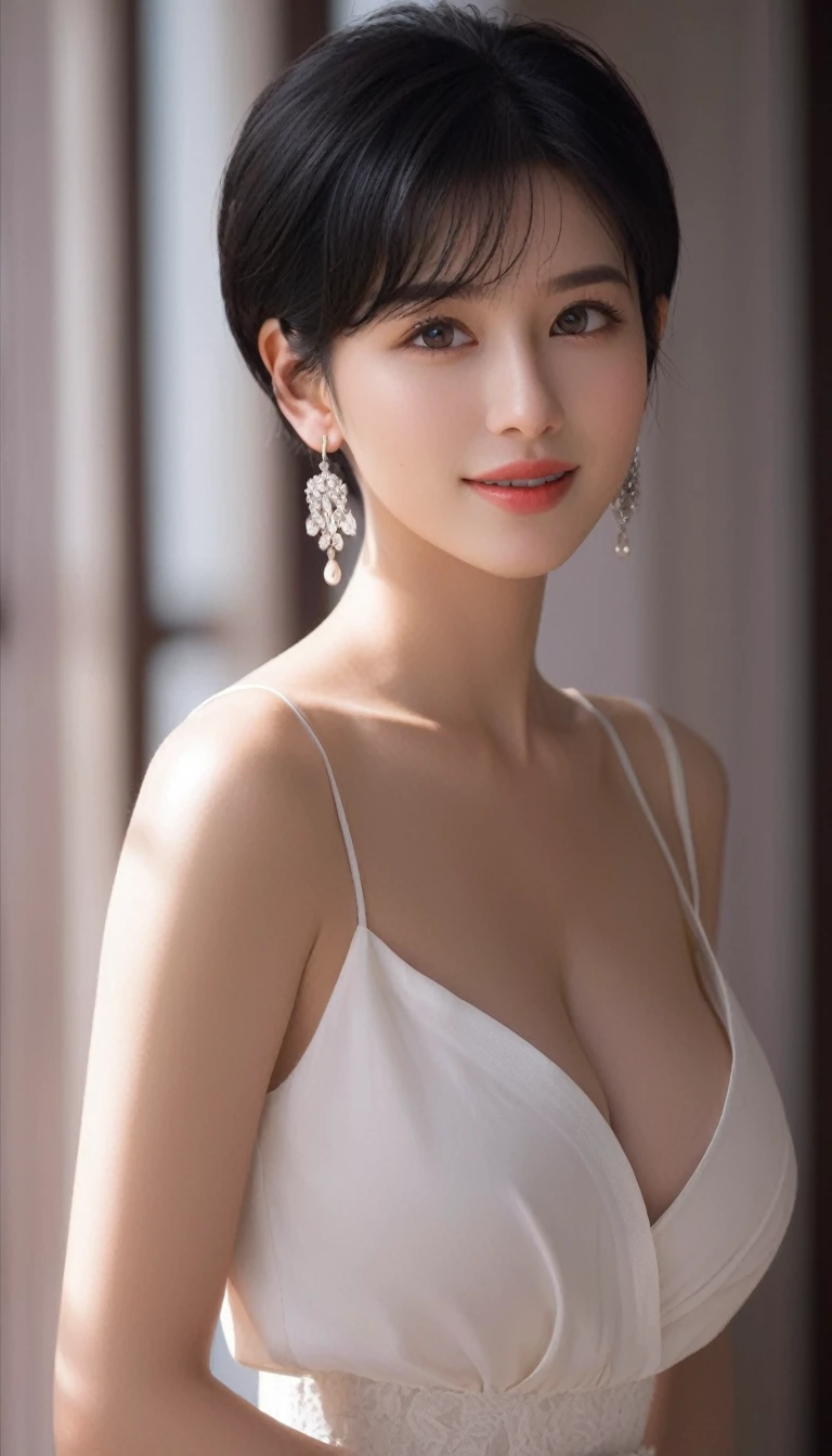One person, beautiful girl, Photographed from waist to head, fine grain, Perfect functionality, (masterpiece), (Highest quality), (Good quality), Intricate details, Earrings, Ray Tracing, (See through), (Bokeh), (Written boundary depth), Perfect Skin, Happy, short black hair, huge breasts:1.3, cleavage