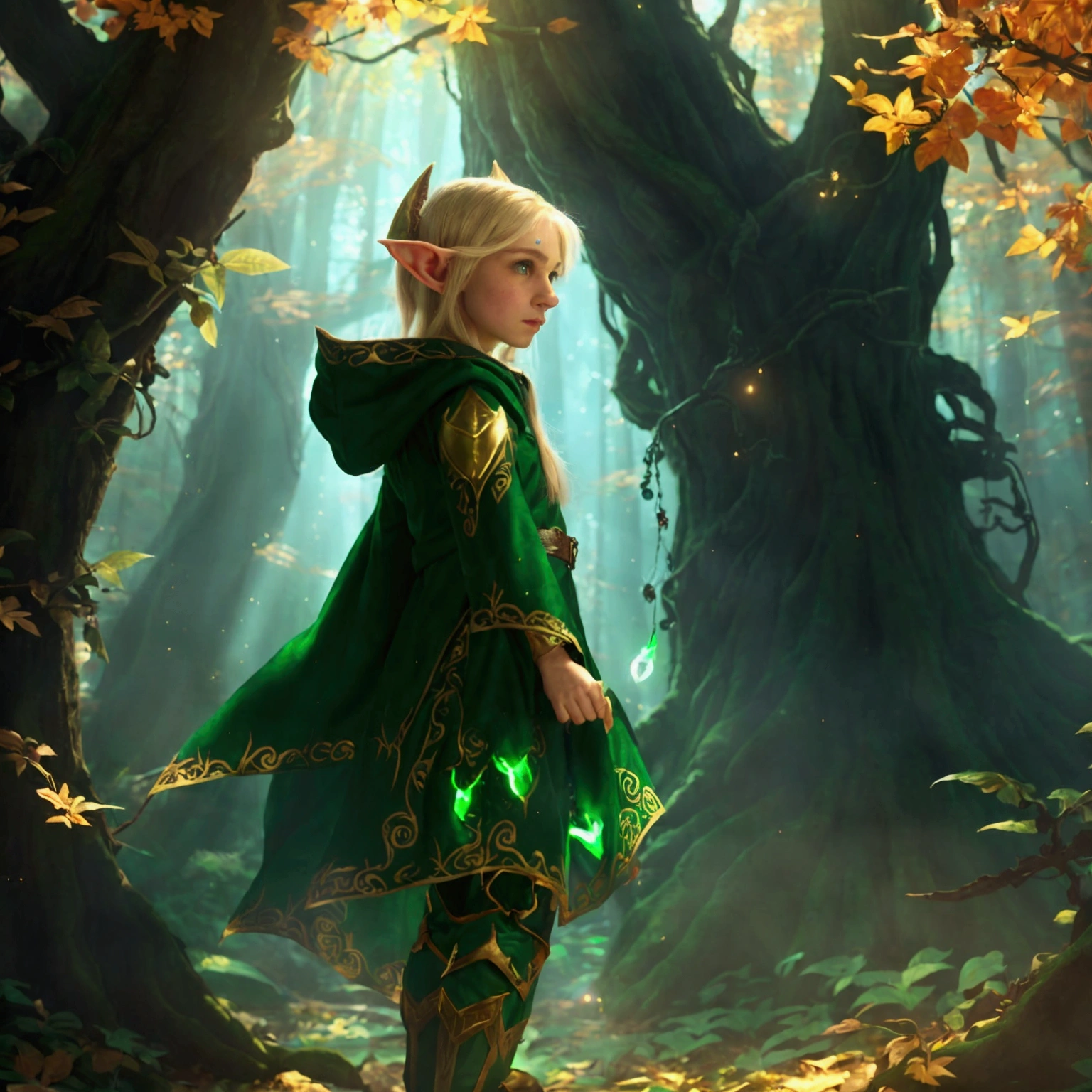 "A young elf with pointed ears and glowing eyes, dressed in green and gold robes, Walk among the giant trees of an enchanted forest. The leaves glow with a magical light and mystical creatures watch from the shadows., creating an atmosphere of wonder and mystery.