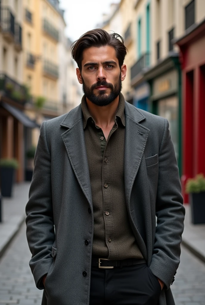 Create a realistic photo, typical Spanish man with a beard and mustache, very handsome man with a charming and deep look, green eyes, brown hair, ((full body)) hyper realistic photos, dressed with black pants , heather gray peacoat jacket background image: Rue Crémieux in PARIS, head to toe, full body, hyper realistic photo
