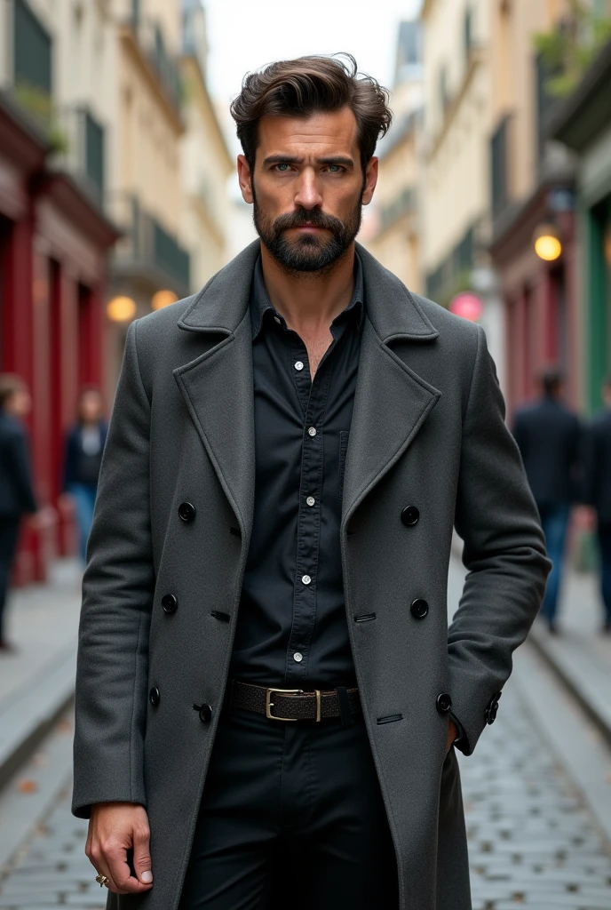 Create a realistic photo, typical Spanish man with a beard and mustache, very handsome man with a charming and deep look, green eyes, brown hair, ((full body)) hyper realistic photos, dressed with black pants , heather gray peacoat jacket background image: Rue Crémieux in PARIS, head to toe, full body, hyper realistic photo