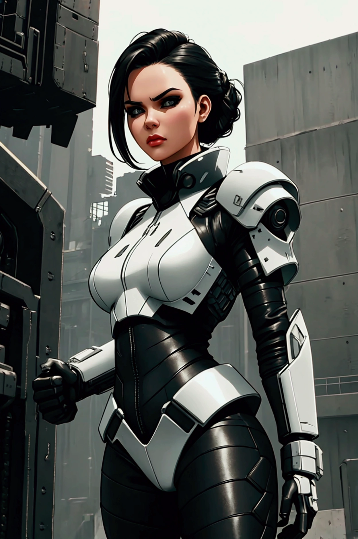 A realistic 3D rendering of a young woman in a futuristic, high-tech military outfit. She has a focused expression with short, tied-up hair. The outfit is a mix of sleek white and black materials, featuring advanced armor plating and a high-tech design. She is holding a large, futuristic energy weapon, which has a metallic, polished appearance with intricate details. The background is a blurred industrial setting, giving a sense of being in a high-stakes, action-packed environment. The overall vibe is serious and intense, as if she is ready for combat in a sci-fi world.