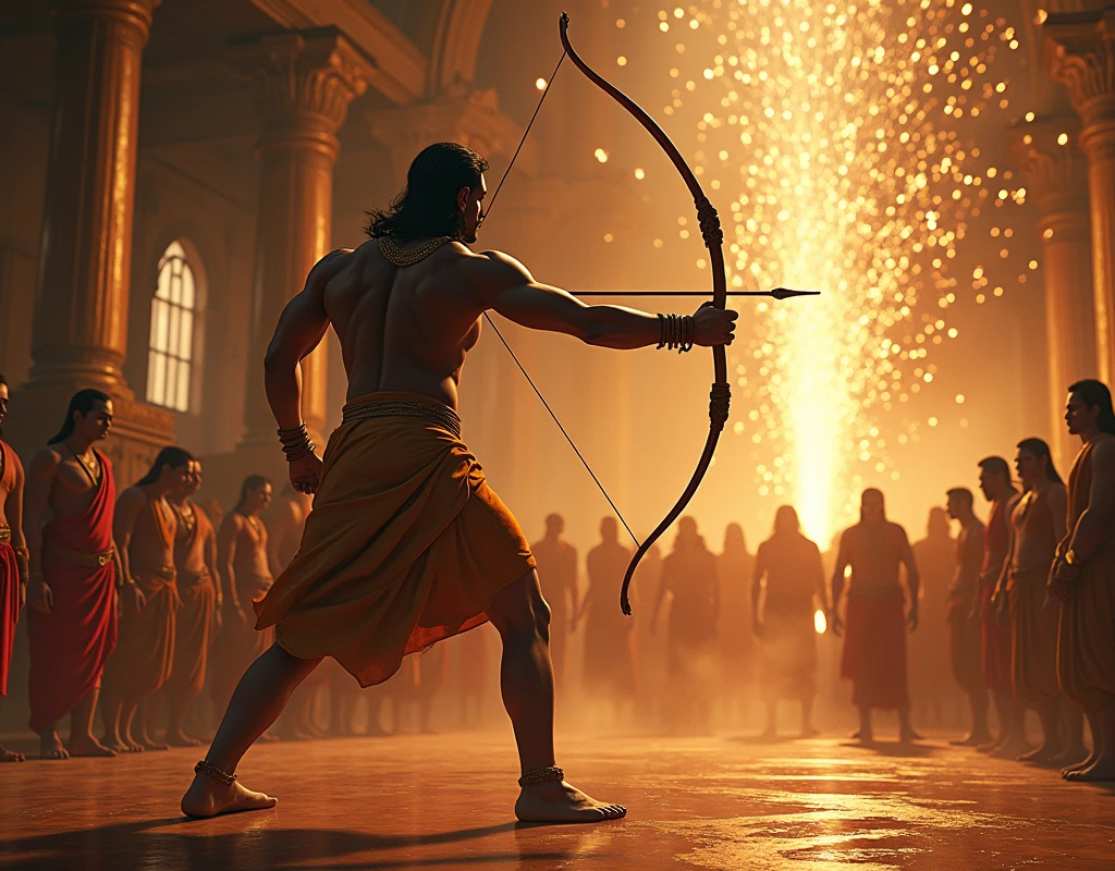 From Indian epic Ramayan, The Bow Breaking**: A dynamic wide shot of the moment the bow snaps. The sound of the bow breaking sends shockwaves through the hall. A burst of light and energy explodes from the bow, and the onlookers react with awe and fear