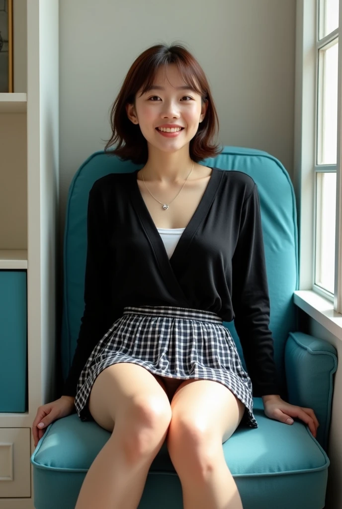 (masterpiece:1.2,8k, raw photo, ultra quality), absurdres, (photo realistic:2), high detail raw color photo,skiny skin, professional photograph,((best quality))、Beautiful Japanese Lady、pleated skirt、Dress shirt、Panty peeking、skirt lift、White panties、smile、(View your viewers)、Please stretch your legs and rest.、short hair、White Background、Sit on a chair、leaning forward、