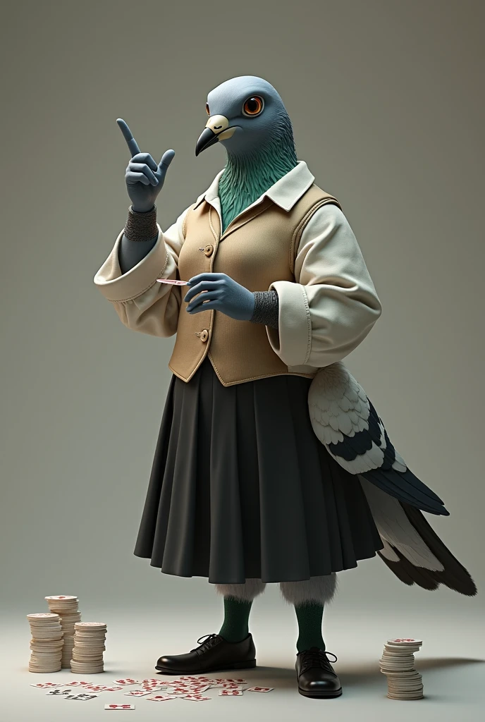 ((Highest quality)), ((masterpiece)), (detailed), A gray female pigeon with an open beak wearing an off-white collared short-sleeved shirt, a light brown vest, a knee-length black skirt, dark green socks and black shoes、He is pointing his finger at me while playing cards.、Muscular grey female pigeon、Photorealistic images。