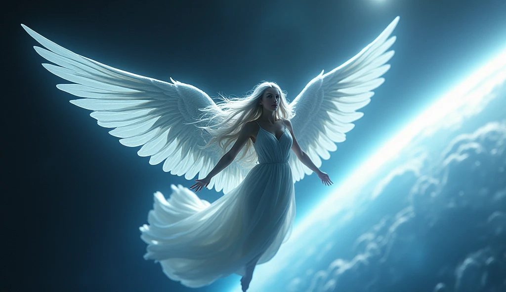 A female angel with long white hair and a pair of light blue feathered wings, flying in space, next to a space station, with Earth visible in the distance, sci-fi style, realistic.
