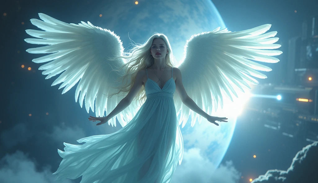 A female angel with long white hair and a pair of light blue feathered wings, flying in space, next to a space station, with Earth visible in the distance, sci-fi style, realistic.