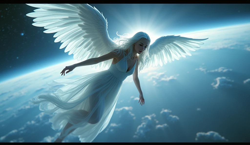 A female angel with long white hair and a pair of light blue feathered wings, flying in space, next to a space station, with Earth visible in the distance, sci-fi style, realistic.