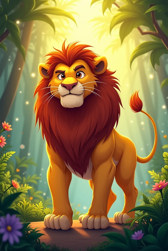 A full-page of a children cartoon book of Lion in a colourful jungle stepping forward, his mane flowing
majestically, as he declares his claim to the throne with image ratio 16:9 landscape