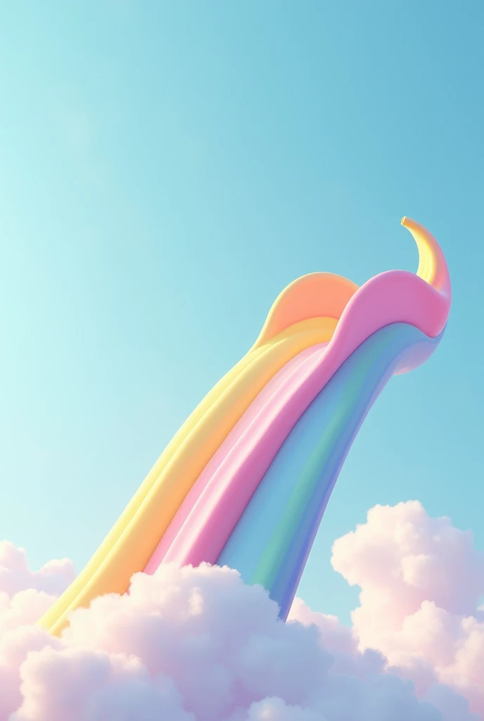 Giant rainbow slide above soft pastel blue sky clouds, 3D Pixar style, Simple and smooth curve expression