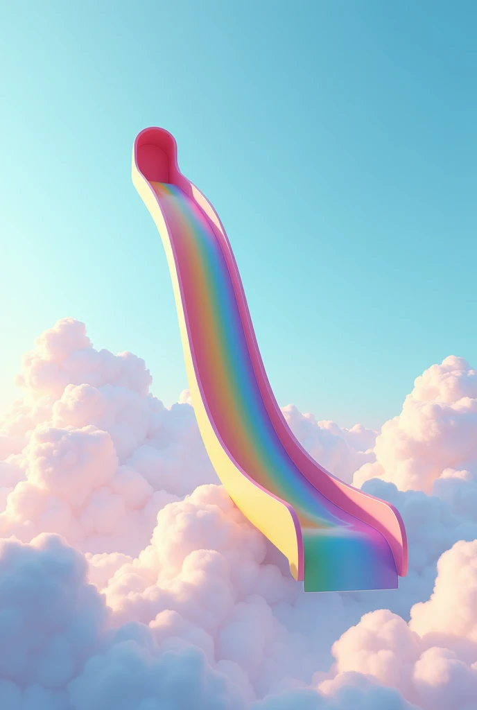 Giant rainbow slide above soft pastel blue sky clouds, 3D Pixar style, Simple and smooth curve expression