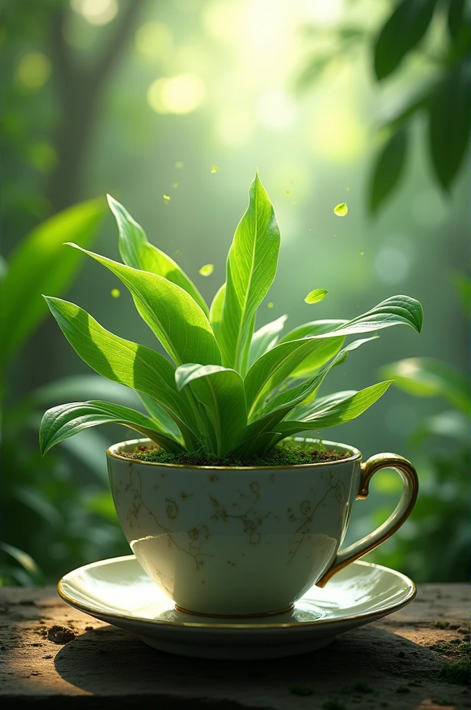 Ai human green leaves Dance in jungle on a Cup