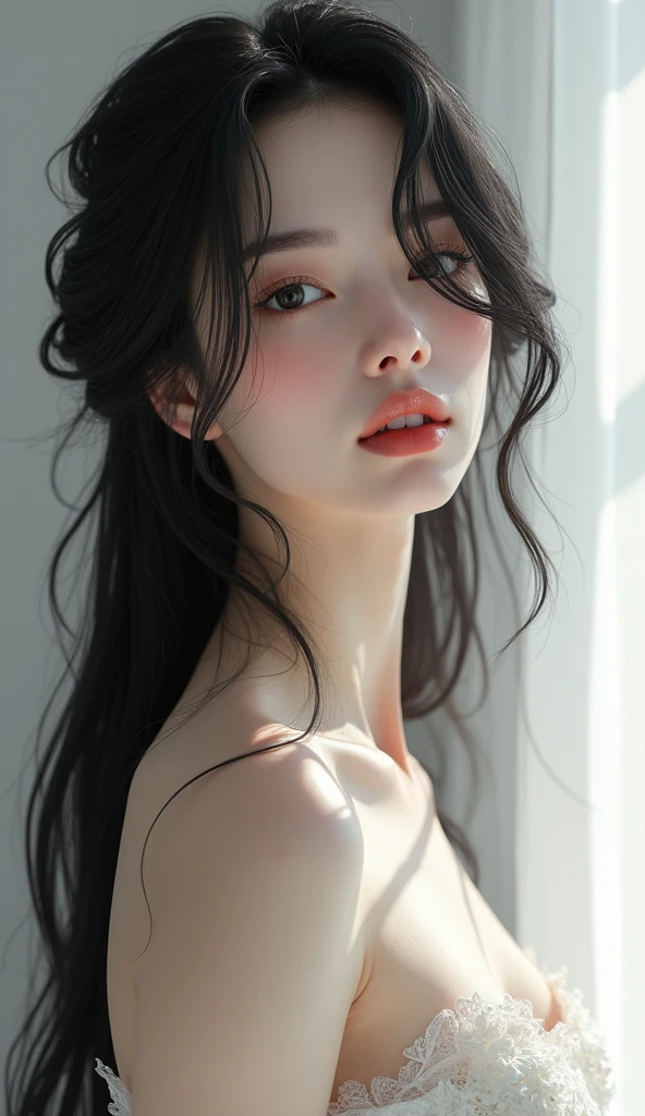 beautiful empress, pale skin, brunette, tall, stunning beauty, white colors, dark black long hair, shy but slutty, european, elegant, nude, sex