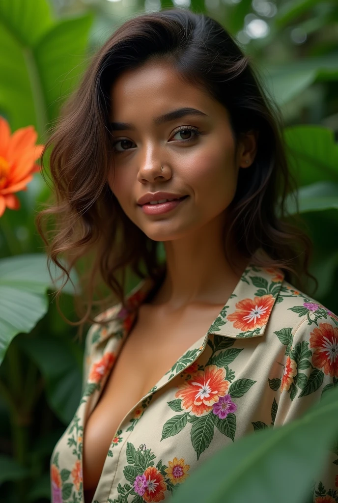A Brazilian woman in a lush tropical garden, wearing an open shirt with a floral print, with a close-up capturing the harmonious beauty between her breasts and the natural flowers, showing off your natural charm and outgoing personality.