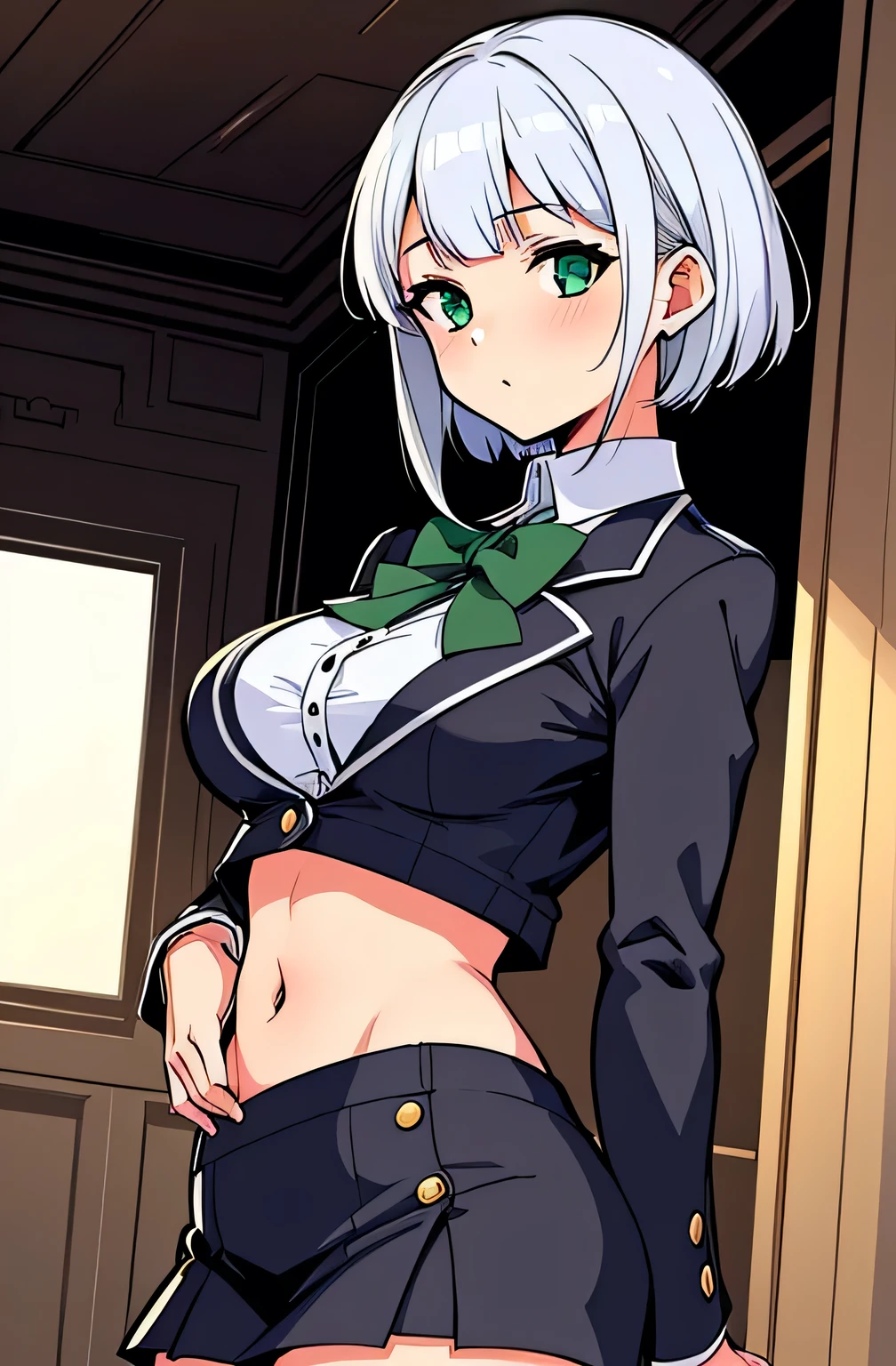 all intricate details, cientificamente: perfect body, girl 1, (masterpiece, best quality:1.2), illustration, solo, 1girl view, short hair, white hair, green eyes, short green blazer, black miniskirt, detailed background, looking at viewer, hair ornaments, indoors, sexy pose, front angle