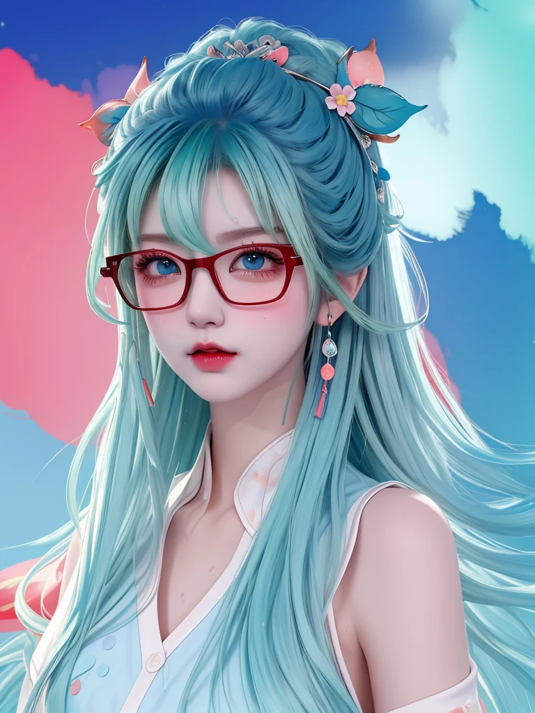 masterpiece, best quality, high resolution), Anime style, ((Splash of Color, Ink splash, Splash of Color)), Sweet Chinese girl, Long Grayish blue hair, [Grayish blue|green] hair, Light blue eyes，Red half frame glasses，Super huge ，Curly hair, flash, Peach Lips, White shirt, front, Upper Body