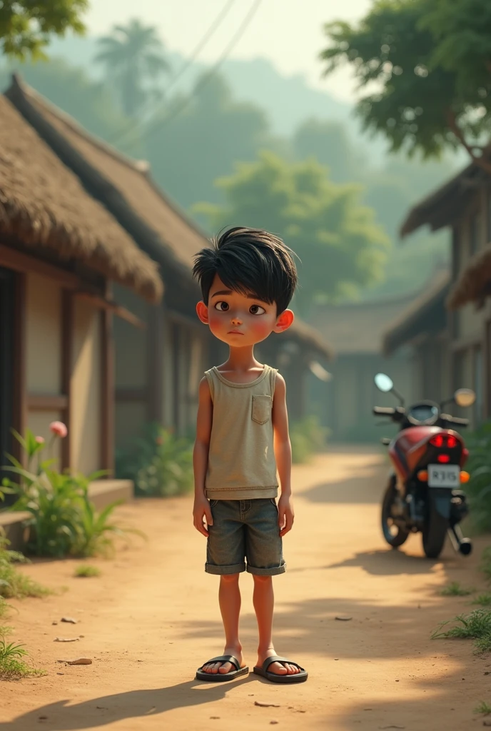 18+Young tall boy sad in village ai 3d image cartoon type with R15 bike