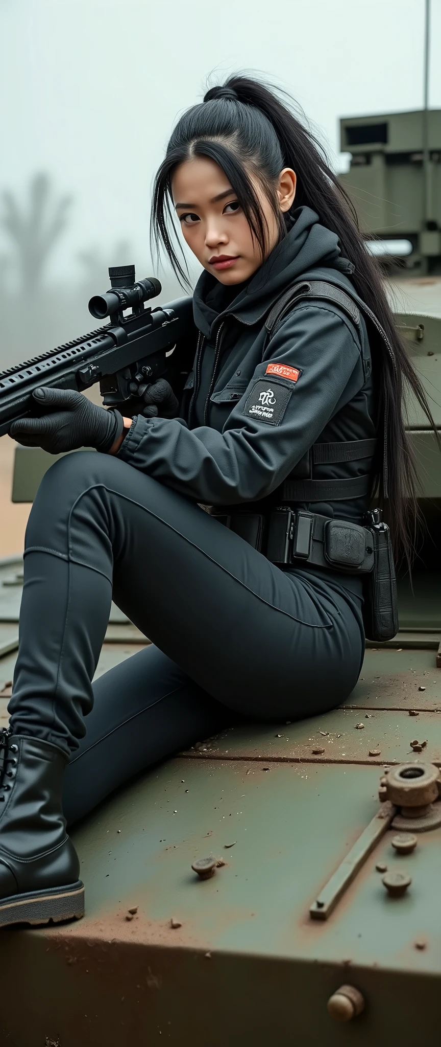 so much swagger trained marine corp militant asian female solider with smug grin sneer. with an attitue vengance she adorn with pony tail hairstyle adorn hip hop rap style in kevlar black military attire armour sniper rifle on  recline on a tank aiming sniper absolute disrespect bad-mannered