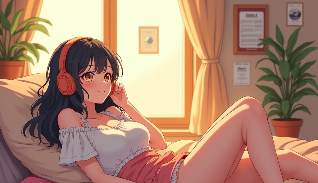 morning、Listen to music in the room、high school girl、Big Breasts、 relax、Showhair、Use headphones, Bright environment、2D-style animation, Lo-Fi、Retro、Anime style illustrations、Line art with clear outlines