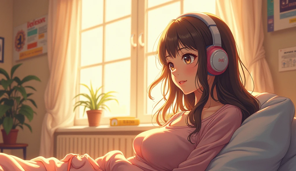morning、Listen to music in the room、high school girl、Big Breasts、 relax、Showhair、Use headphones, Bright environment、2D-style animation, Lo-Fi、Retro、Anime style illustrations、Line art with clear outlines