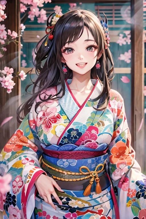 A beautiful woman smiles and shows her upper white teeth、Vividly colored Japanese Ukiyo-e style illustrations、SeaArt creates stunning illustrations of beautiful women in kimono、Brown-black long hair、Beautiful full body style、Beautiful digital illustrations,、Beautiful digital painting, Bright and vivid anime CG art, Detailed digital anime art,  Beautiful anime portraits