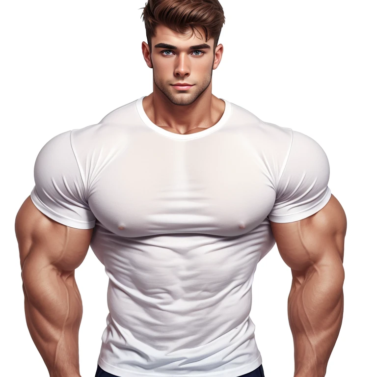 a very handsome young man, muscular, white t-shirt, on a white background