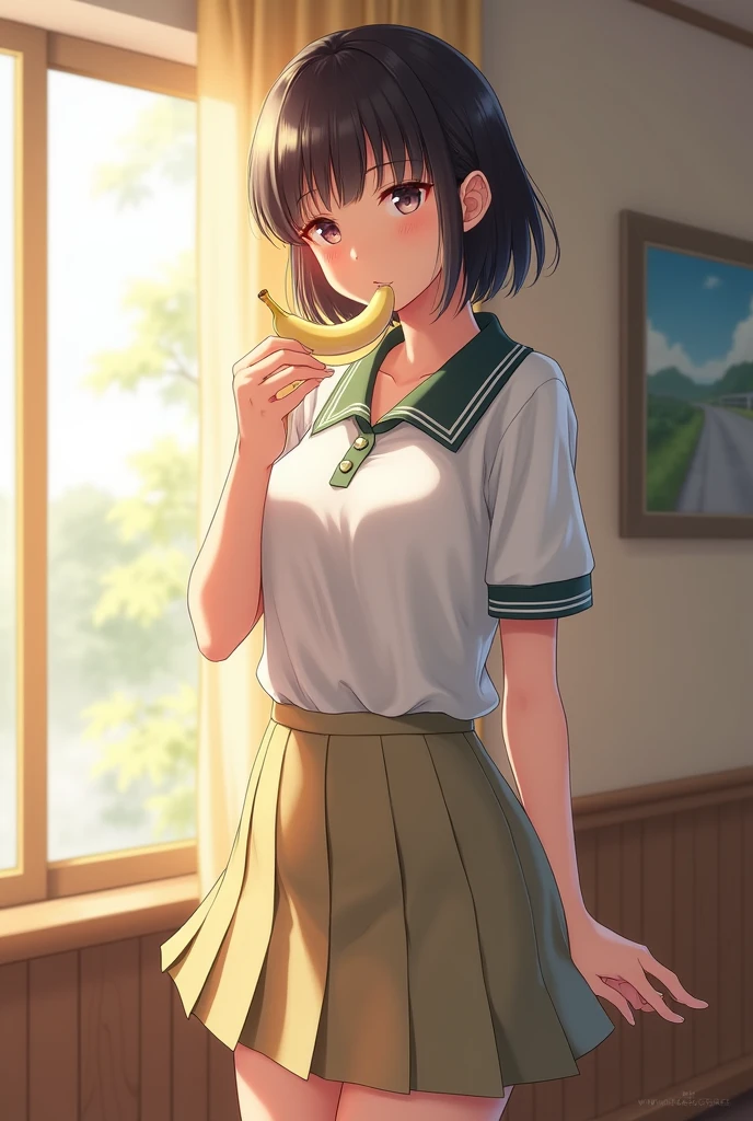 PICTURE REALISTIC, a one woman, fully body, eating banana, (Realistic、Realistic:1.37)、(masterpiece)、(Highest quality:1.4)、(Ultra-high resolution:1.2)、(RAW Photos:1.2)、(Sharp focus:1.3)、(stand:1.2)、elegant、(Whole Body Ezbian:1.2)、(Wearing a polo shirt and a pleated skirt:1.3)、((Short skirt))、Very cute Japanese、(A faint smile:1.3)、(Makes hair shine:1.3)、Short pleated skirt、